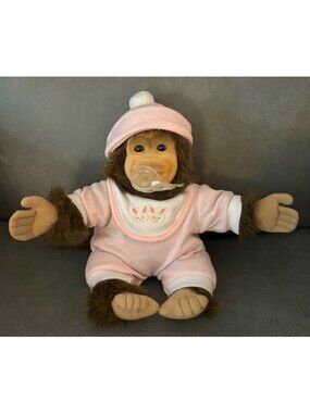 Vintage 1994 Hosung Plush Monkey Doll With Removable Pink Outfit & Pacifier